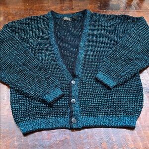 STREET CLOSED V-Neck Buttoned Cardigan Sweater Marled Black/Teal Knit Men's XL